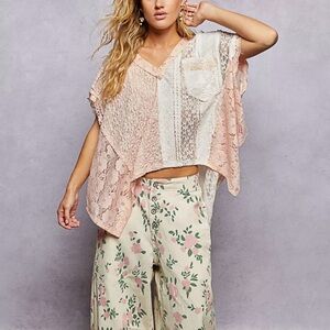 POL Pink and White Lace Poncho Top